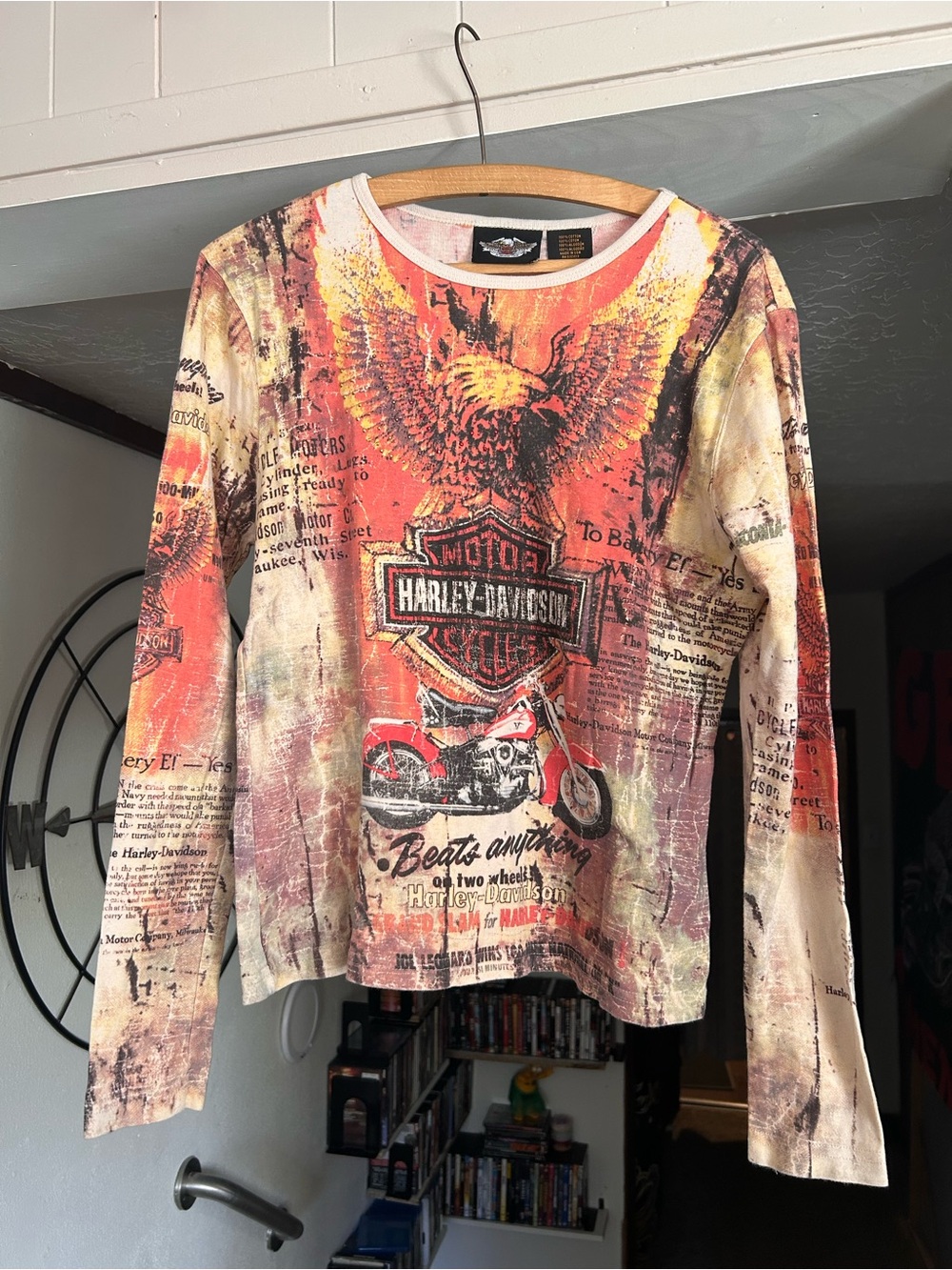 Harley-Davidson Orange Red Black Graphic Eagle Motorcycle Long Sleeve Tee